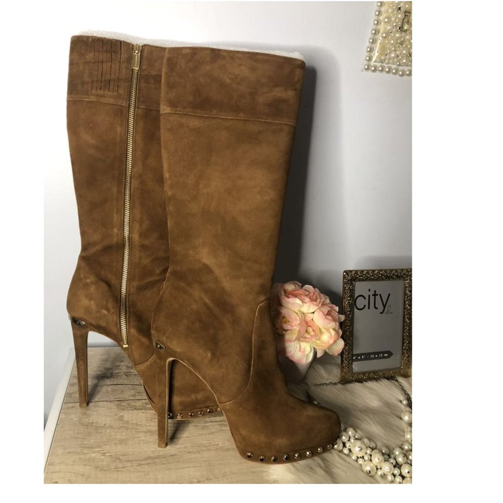 Michael Kors, Beige/Brown/Tan, Suede (/like)Boots, w/ Gold Studs, Gold Hardware
